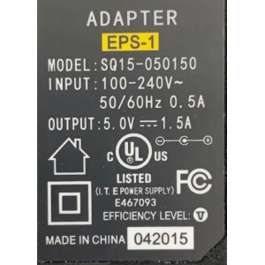 CARGADOR / ADAPTADOR DE FUENTE DE ALIMENTACION ADAPTER / VCA-VCD/ NUMERO DE PARTE SQ15-050150 / EPS-1 / ENTRADA VCA 100-240~ 50/60HZ 0.5A / SALIDA VCD 5.0V 1.5A / MODELO SQ15-050150